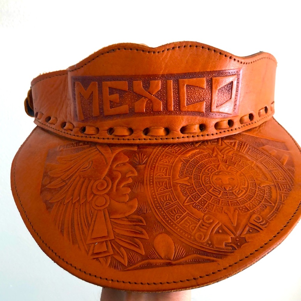 Vintage tooled leather Mexico visor hat